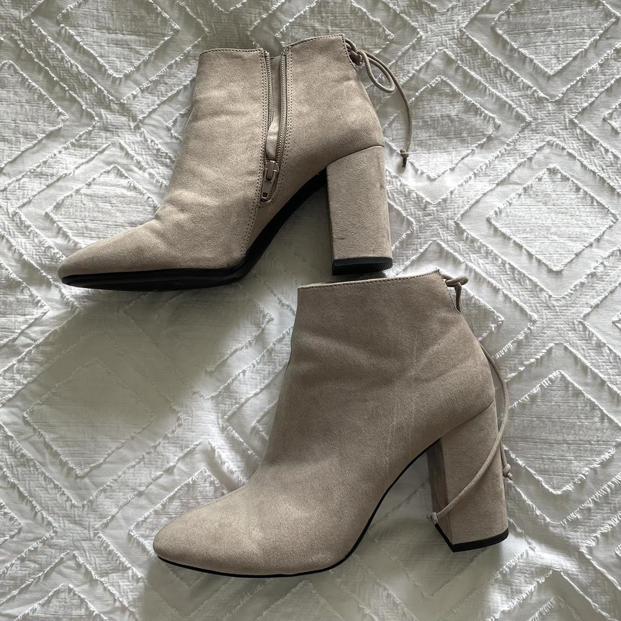 grey suade heeled boots from pull and bear - size... - Depop