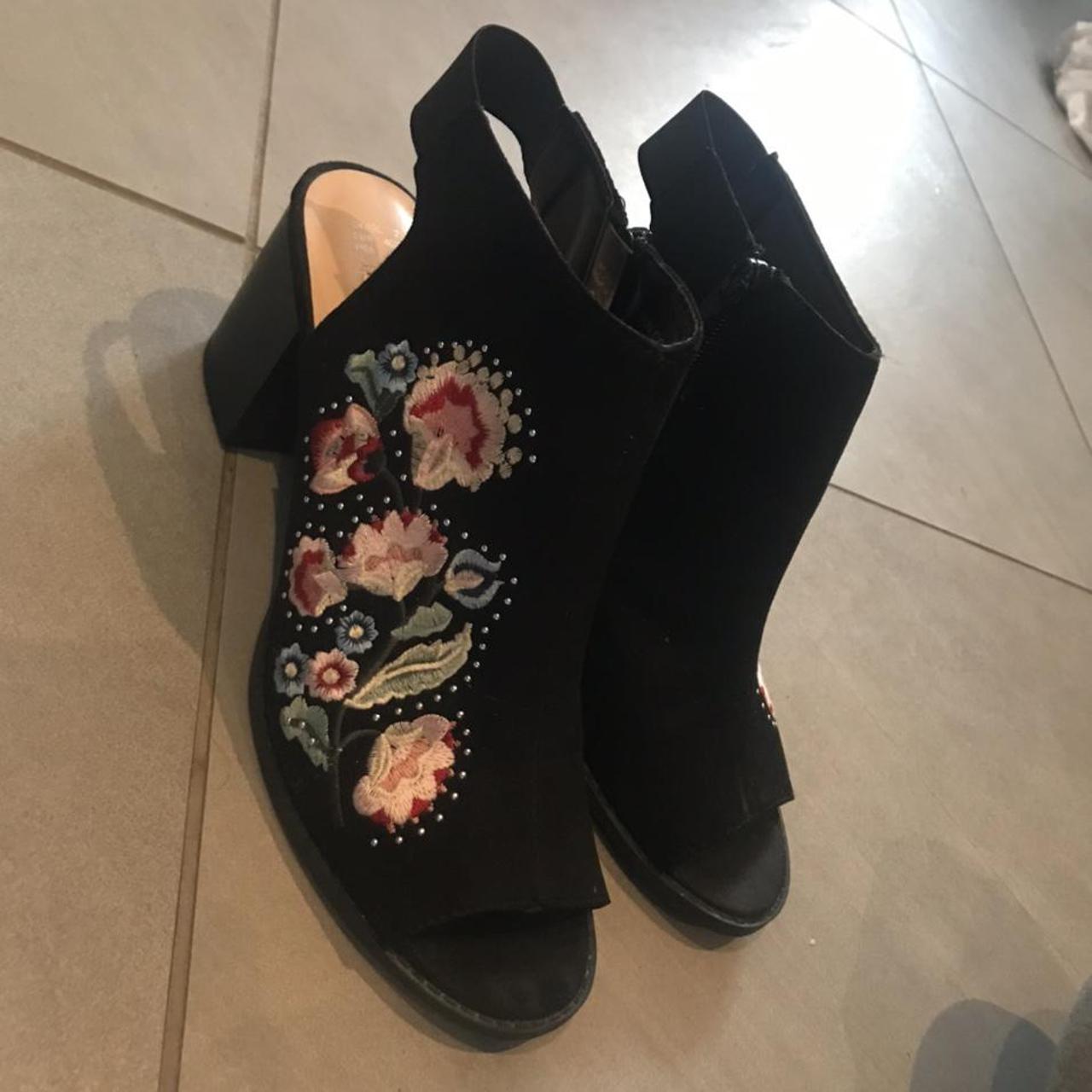 Primark black wedge heel boots with embroidered... - Depop