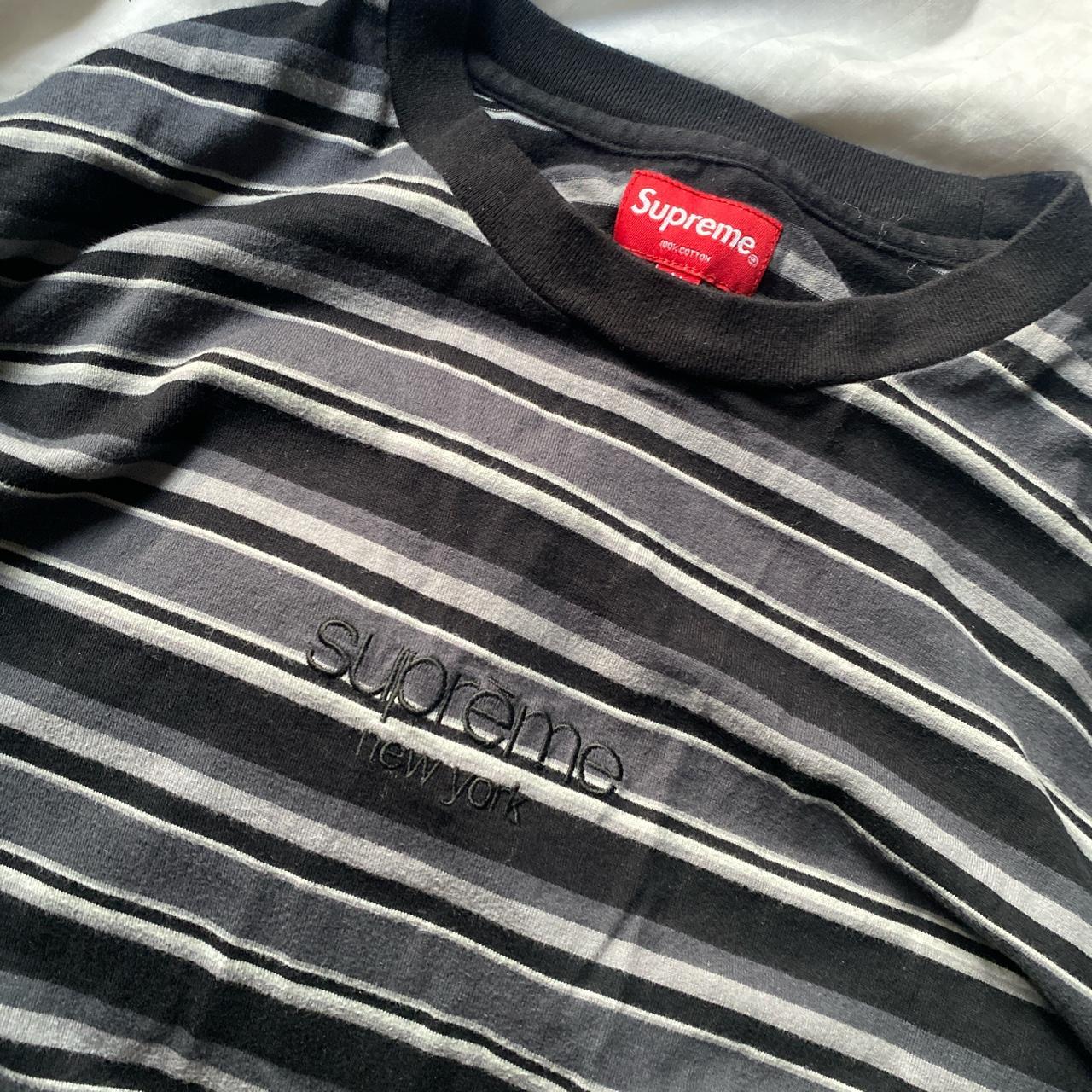 Supreme Black and Grey Embroidered Striped Shirt... - Depop