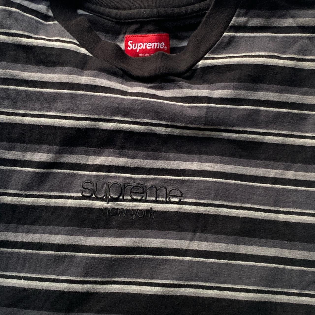 Supreme Black and Grey Embroidered Striped Shirt... - Depop