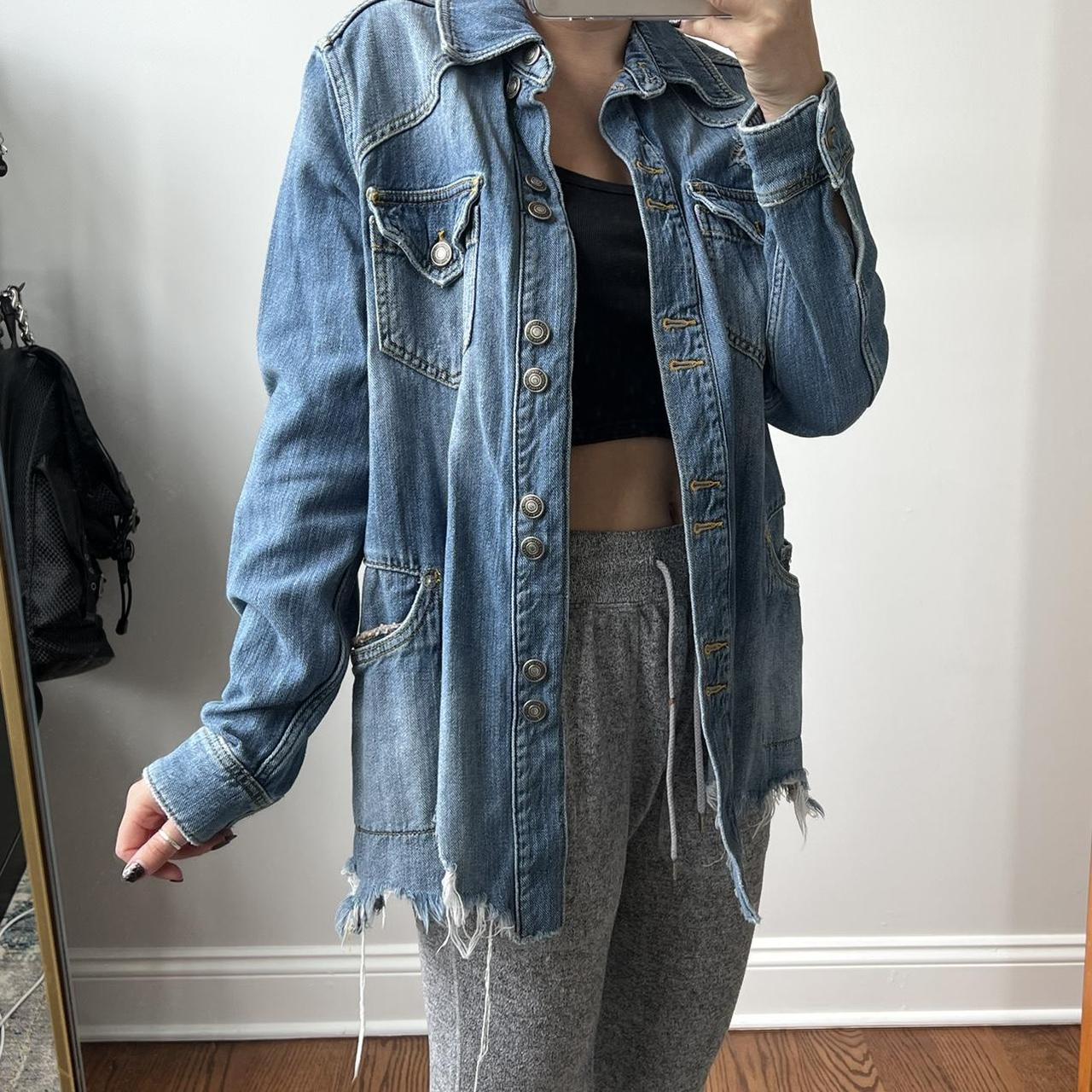 Free People blue Jean jacket! Distressed, long line,... - Depop