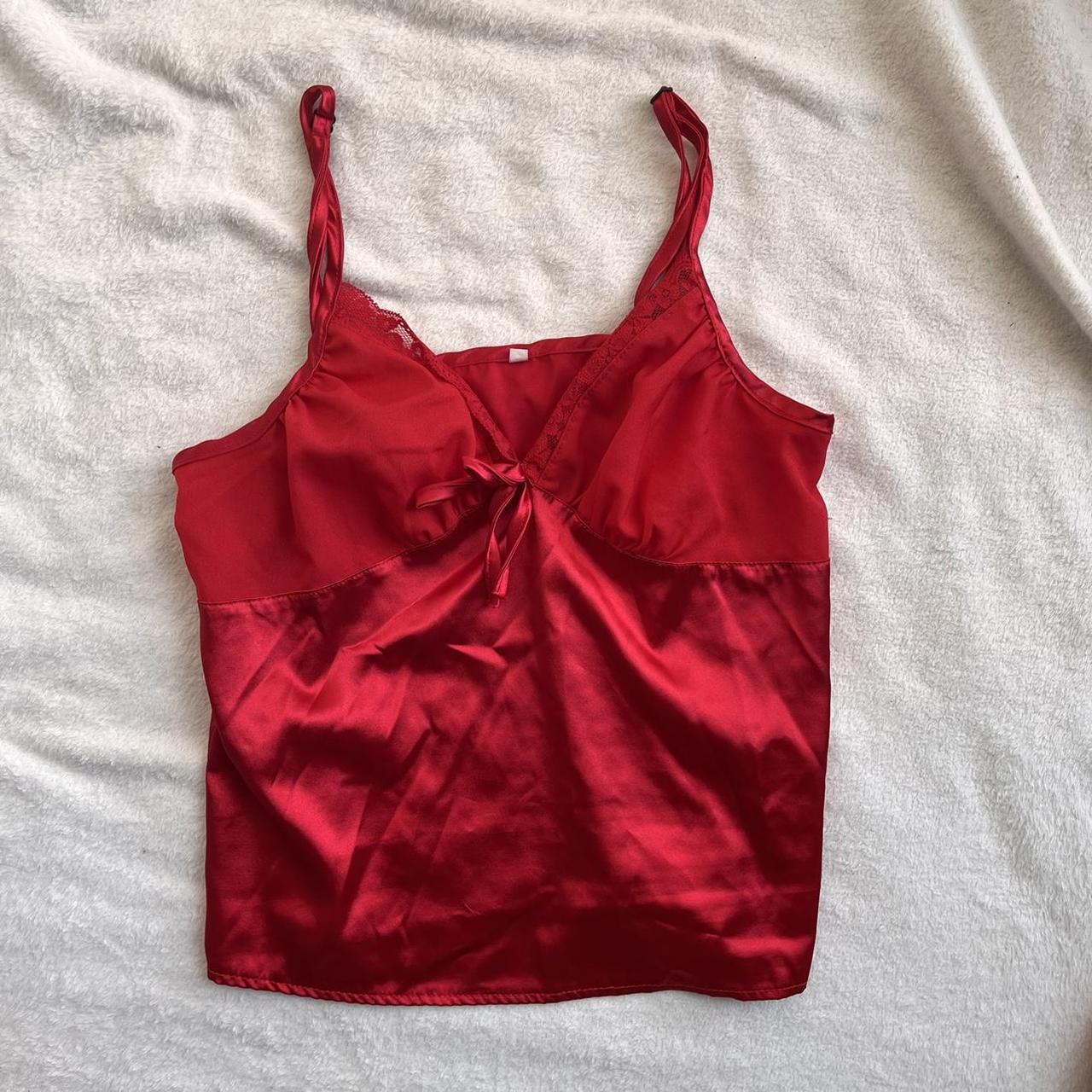 RED SATIN CAMI TOP LACE SHEER ADJUSTABLE STRAPS free... - Depop