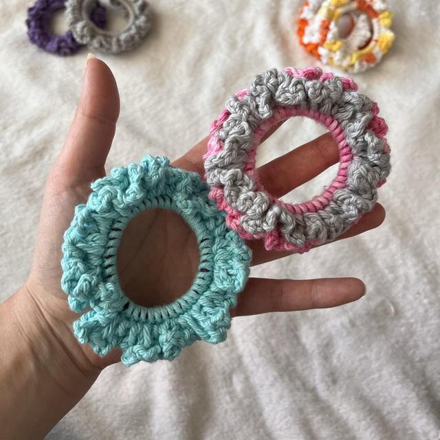 Crochet Scrunchies are hand made furry yarn. They - Depop