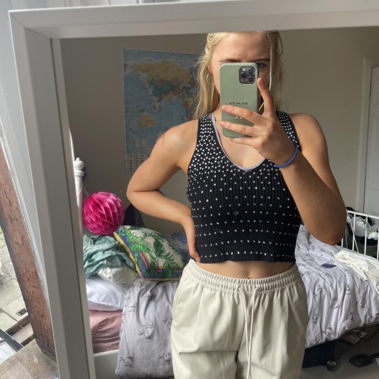 Cute Black crop top with diamonds detailing at the... - Depop