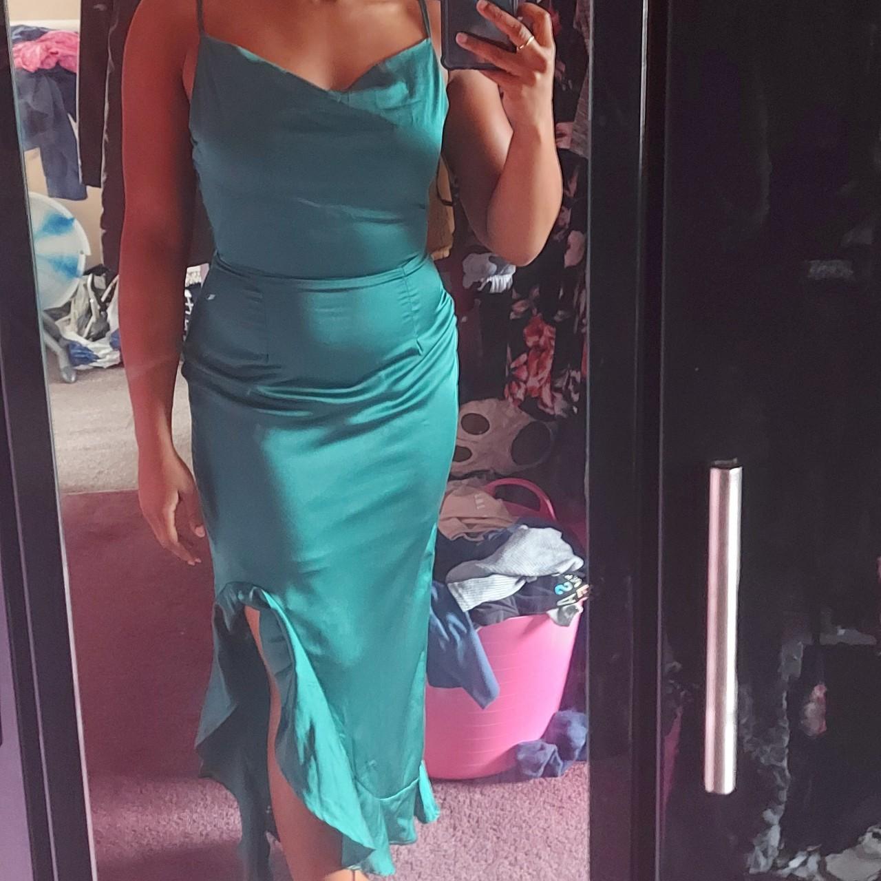 deep green satin ruffle midi dress