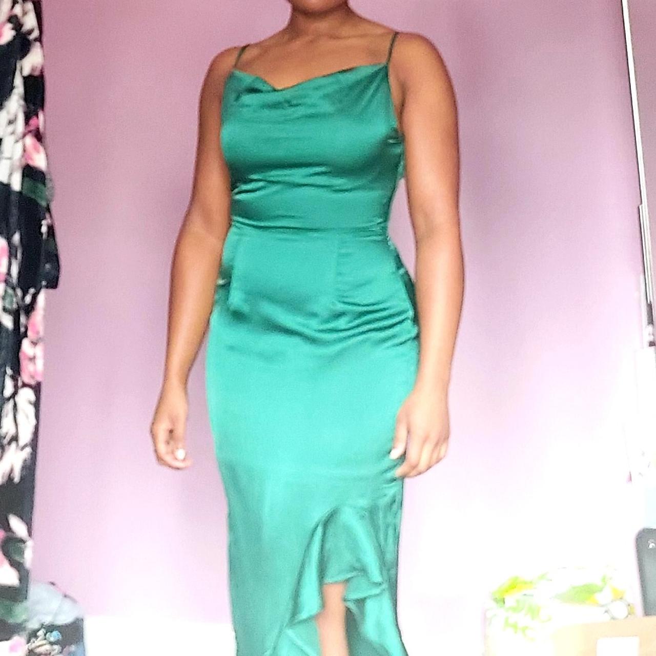 deep green satin ruffle midi dress