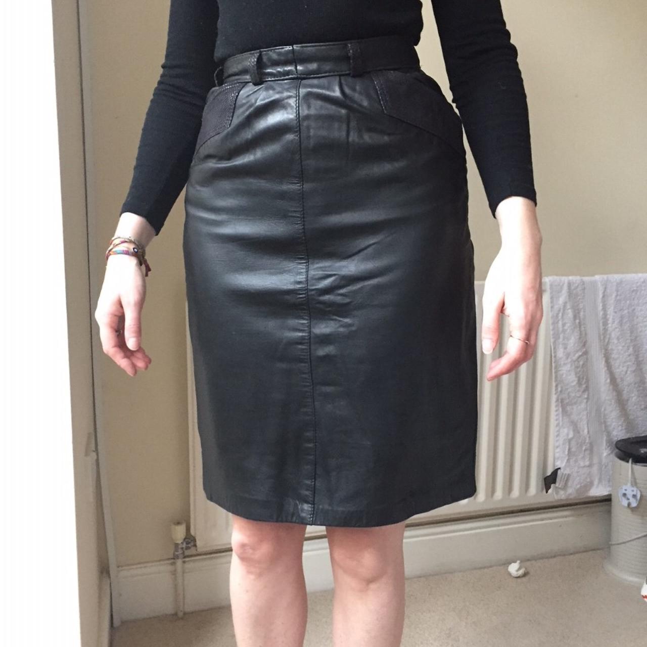 80s vintage black leather pencil skirt with split at... - Depop