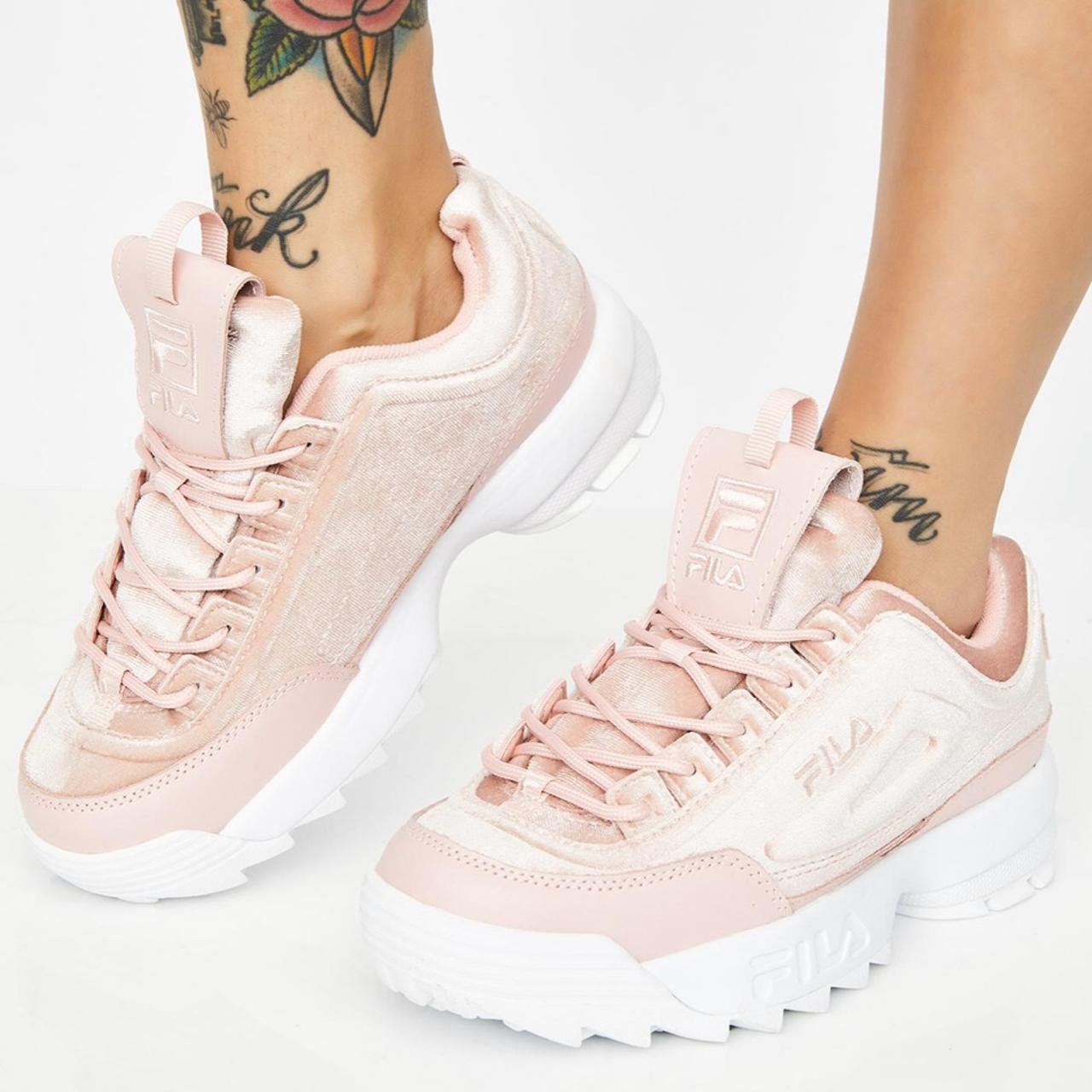 super cute baby pink velvet fila disrupter shoes