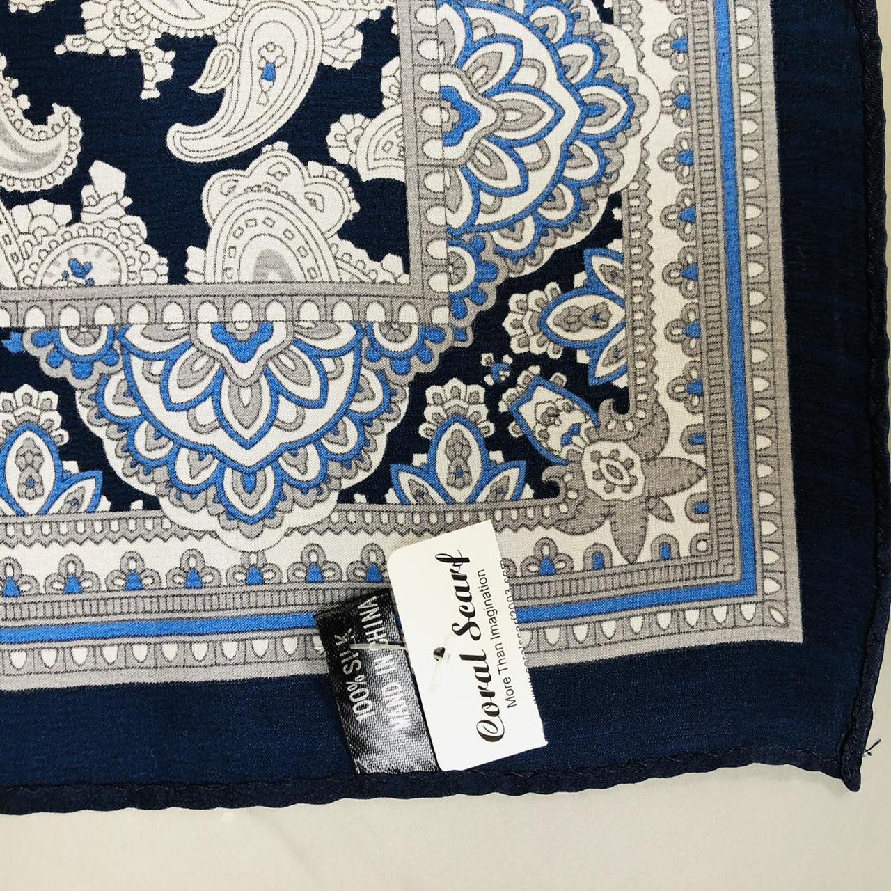 Gorgeous Unique Vintage 100% Silk Scarf, Navy... - Depop