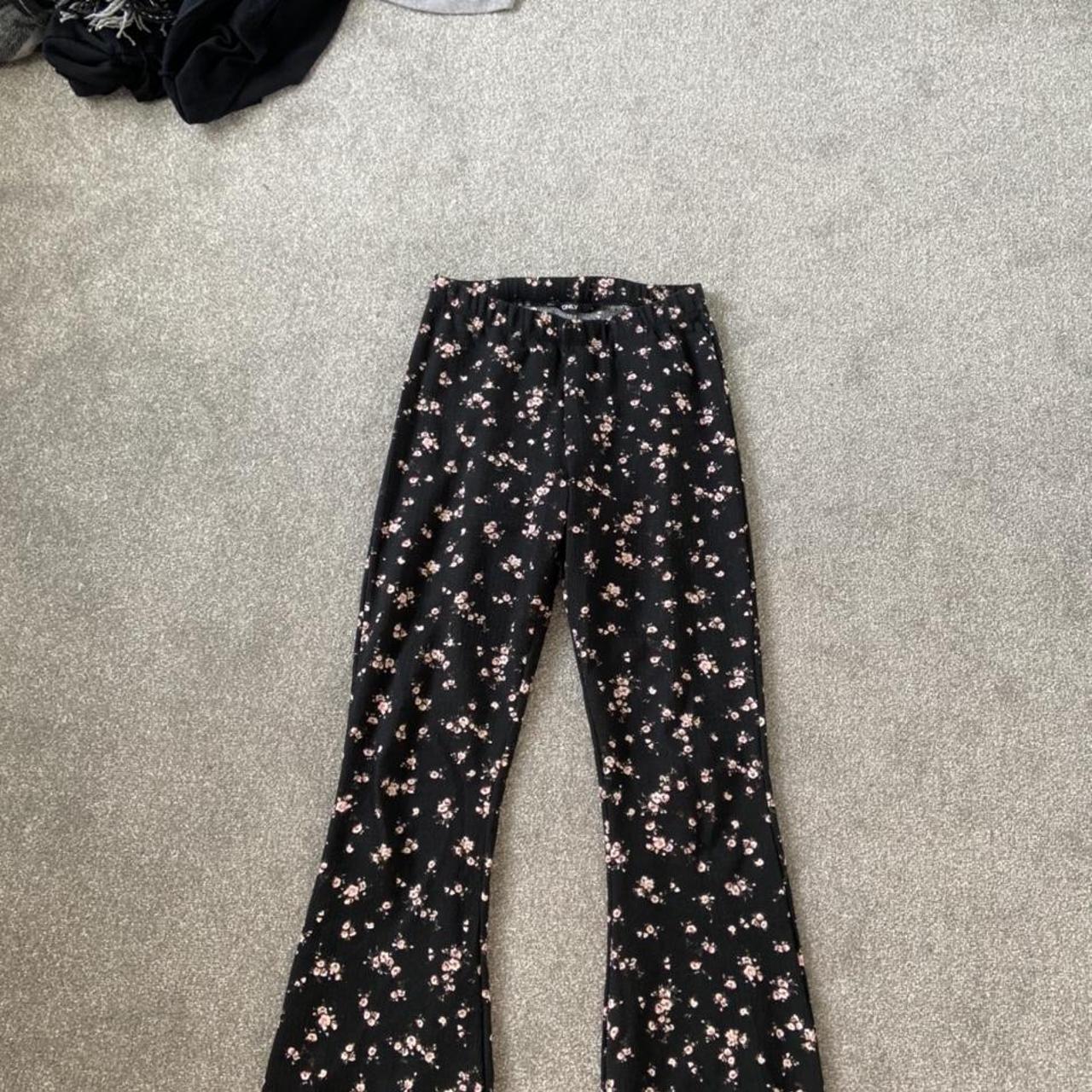 black flare trousers with flower print size uk... - Depop