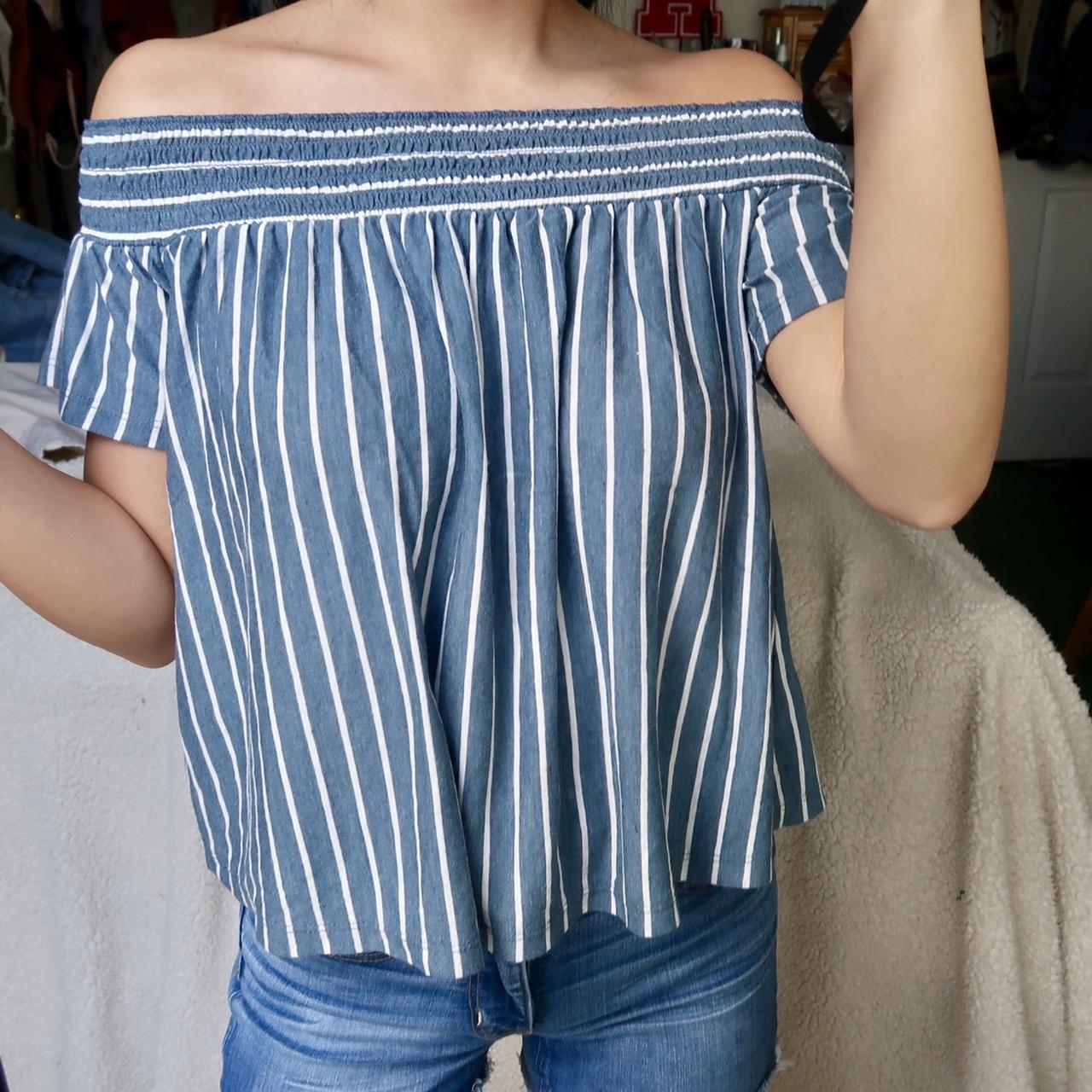 american eagle blue and white striped off the shoulder shirt