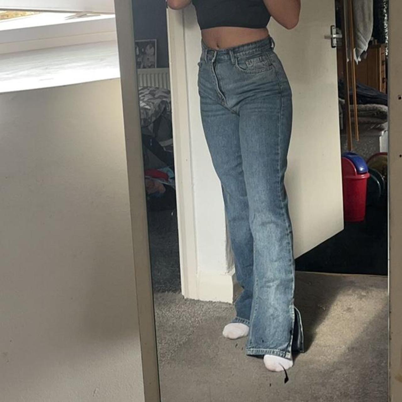 High waisted jeans with hem rip Size small From I... - Depop