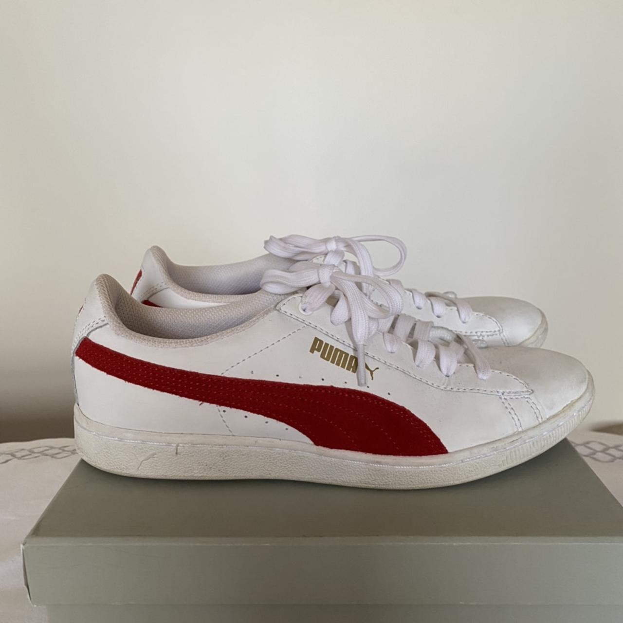 White pumas with red hot sale stripe