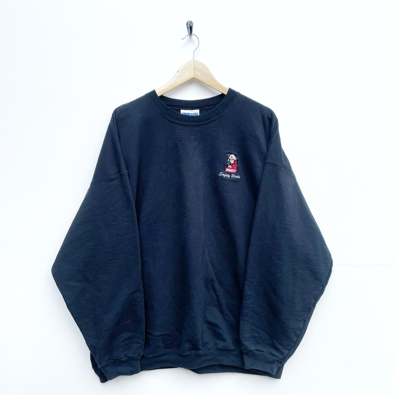 Vintage navy sweatshirt, embroidered graphic front... - Depop