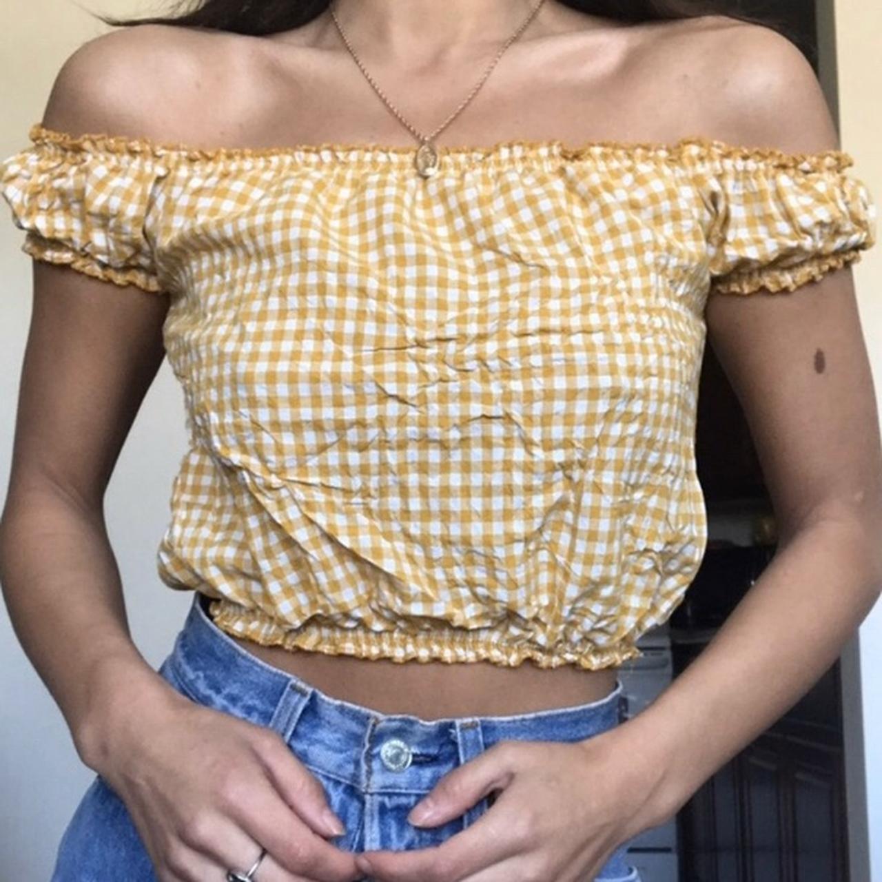 Brandy Melville yellow gingham off shoulder top Worn... Depop