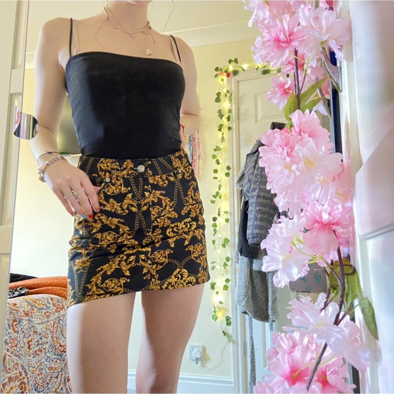 Black gold patterned denim skirt Perfect Depop