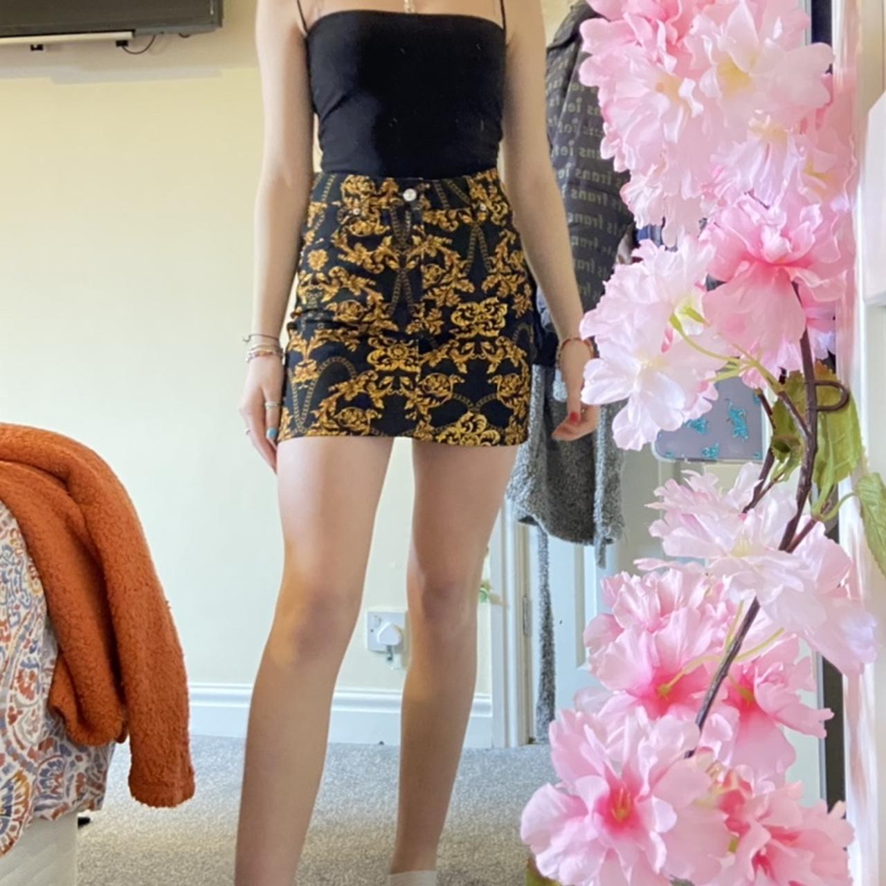 Black gold patterned denim skirt Perfect Depop