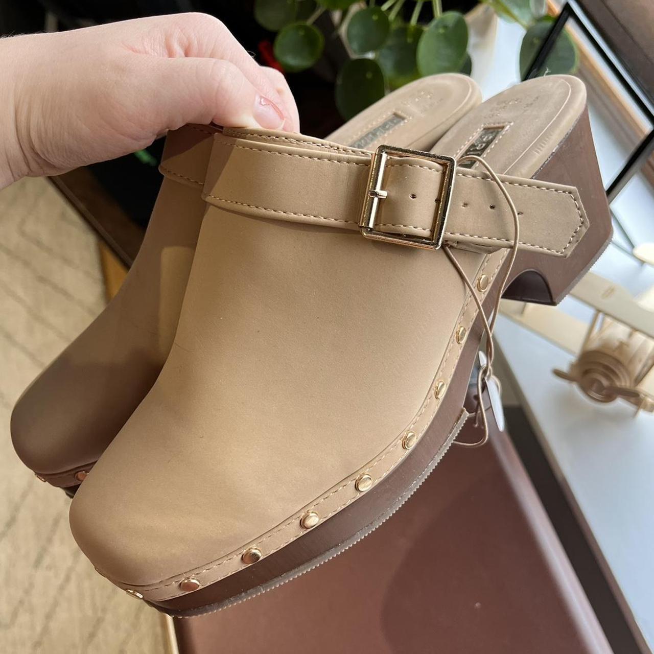 Primark brown / tan clogs with gold hardware Slip... Depop
