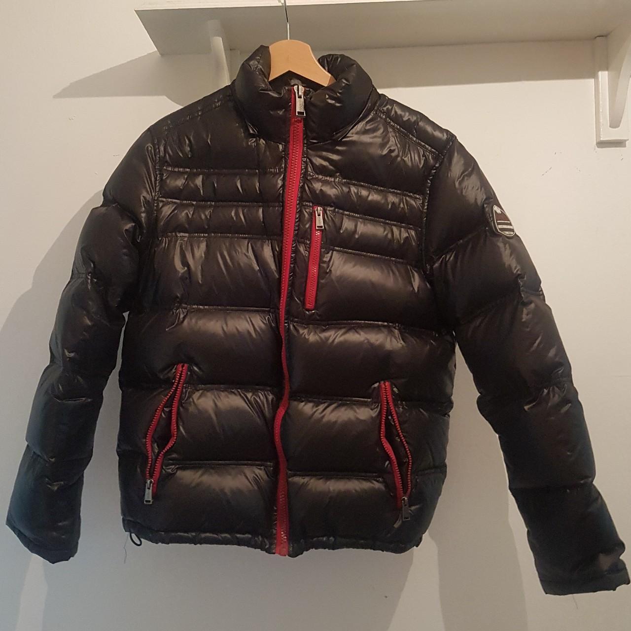 GUESS PUFFER BOMBER JACKET BLACK AND RED LARGE WORN... - Depop