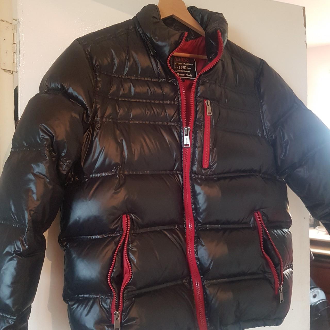 GUESS PUFFER BOMBER JACKET BLACK AND RED LARGE WORN... - Depop