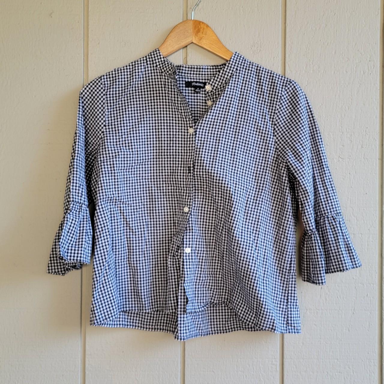 Madewell gingham black/white bell sleeve blouse. In... - Depop