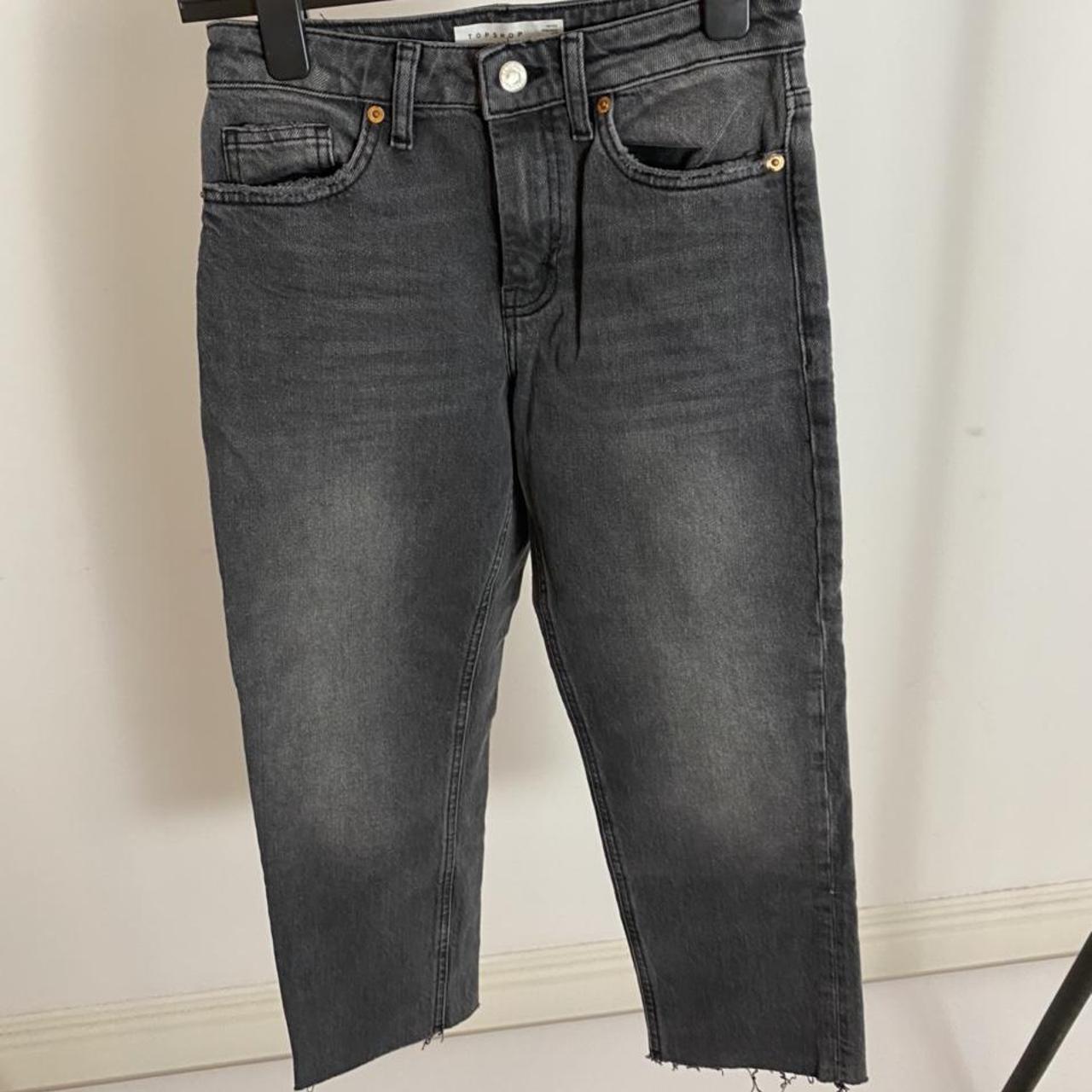 Topshop dark grey straight jeans with raw hem.... - Depop