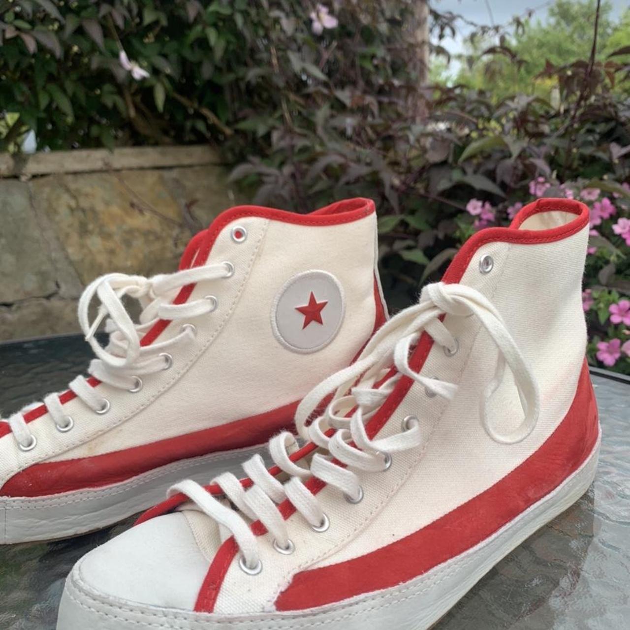 Vintage Chuck Taylor hi top converse red and white,... - Depop