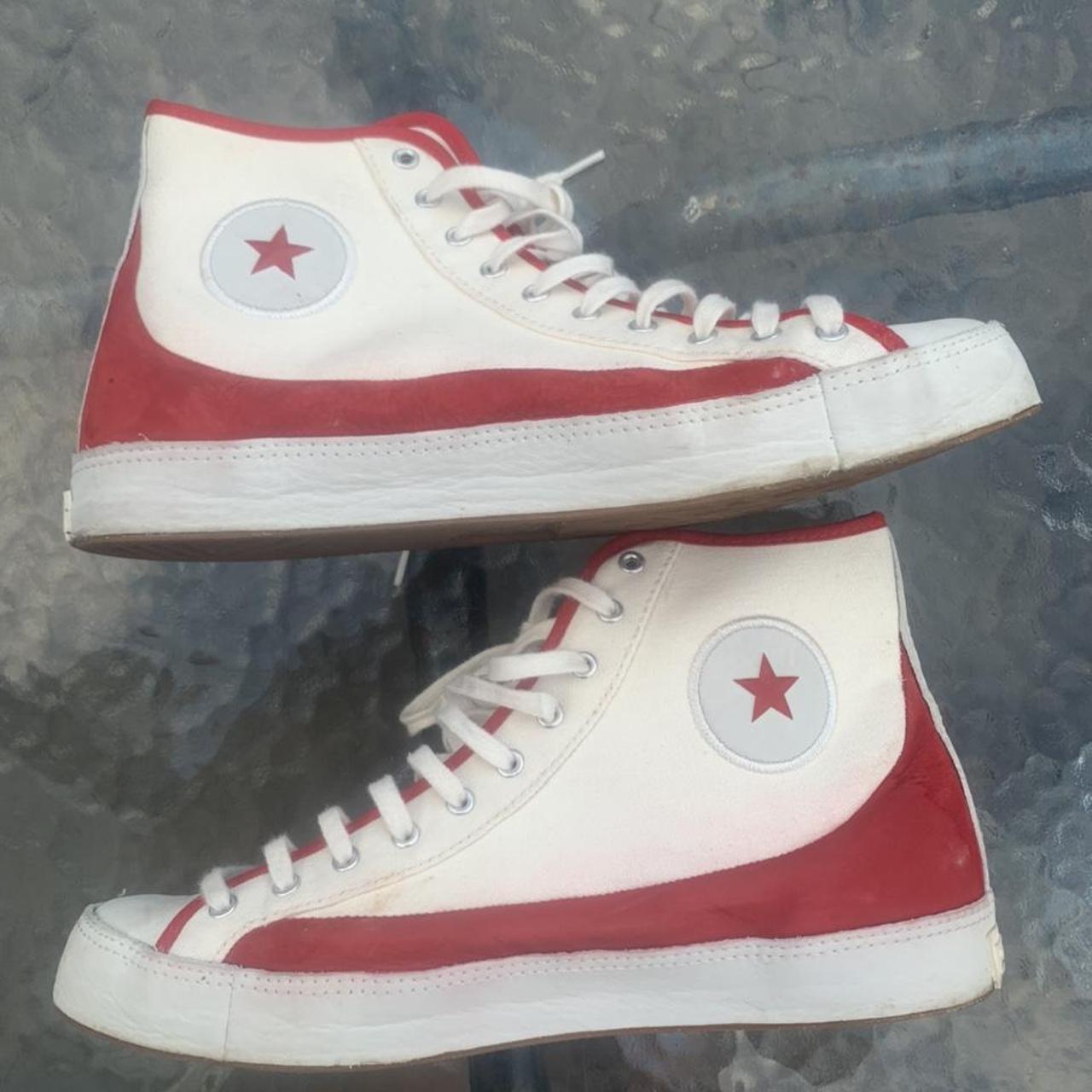 Vintage Chuck Taylor hi top converse red and white,... - Depop