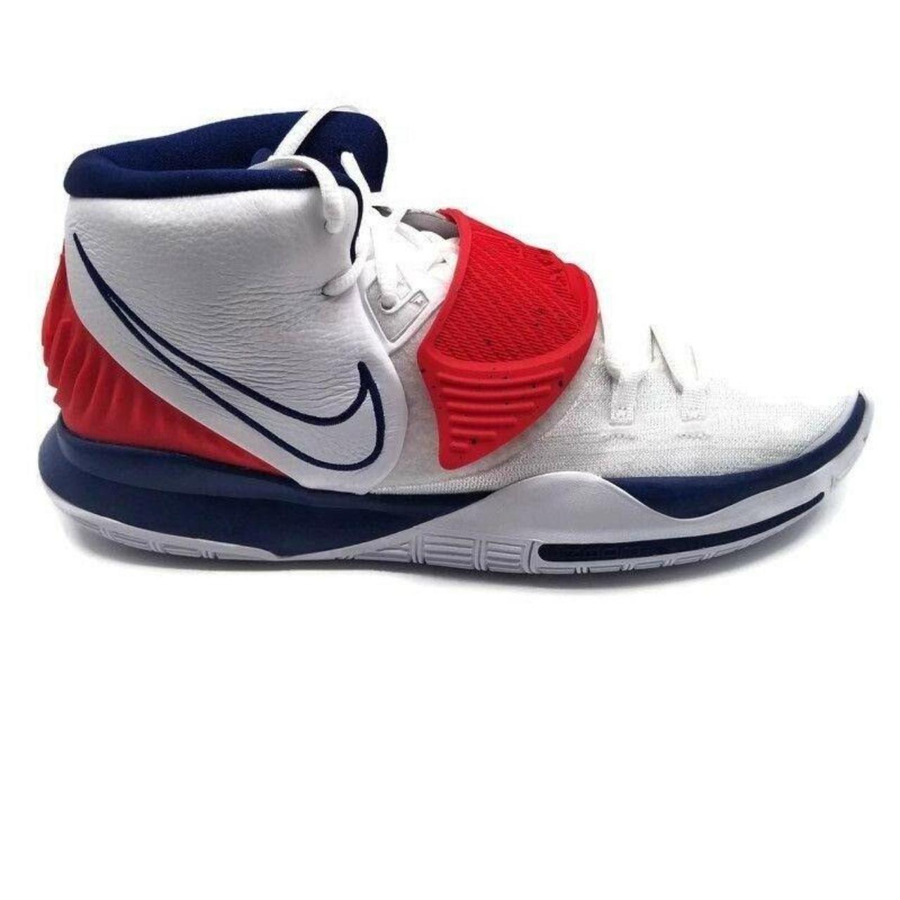 Kyrie red white hot sale and blue shoes