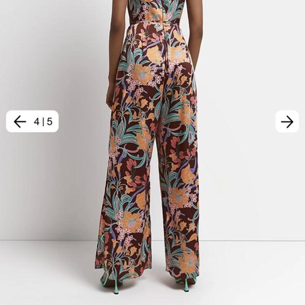 River Island cowl neck brown floral jumpsuit with