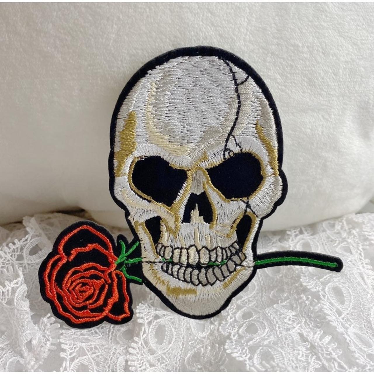 Iron on patch:Skull with Rose -E2 Brand... - Depop