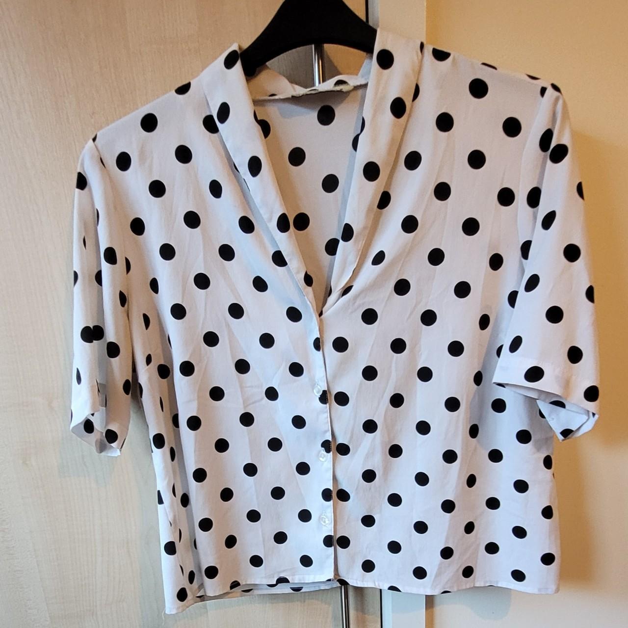 Vintage 80s style polka dot cropped blouse. Black on... - Depop