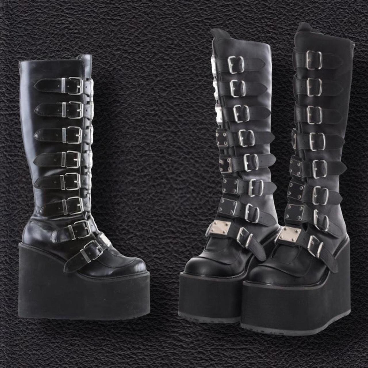 Demonia Swing-815 Buckle Knee High Platform Boots - Black