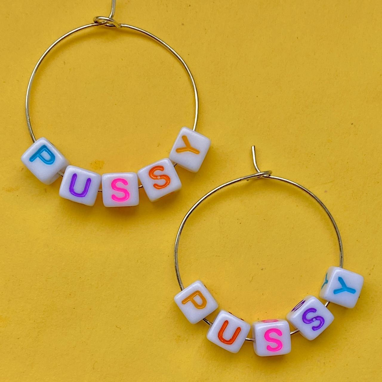 PUSSY multicolor letter beaded word hoop earrings... - Depop