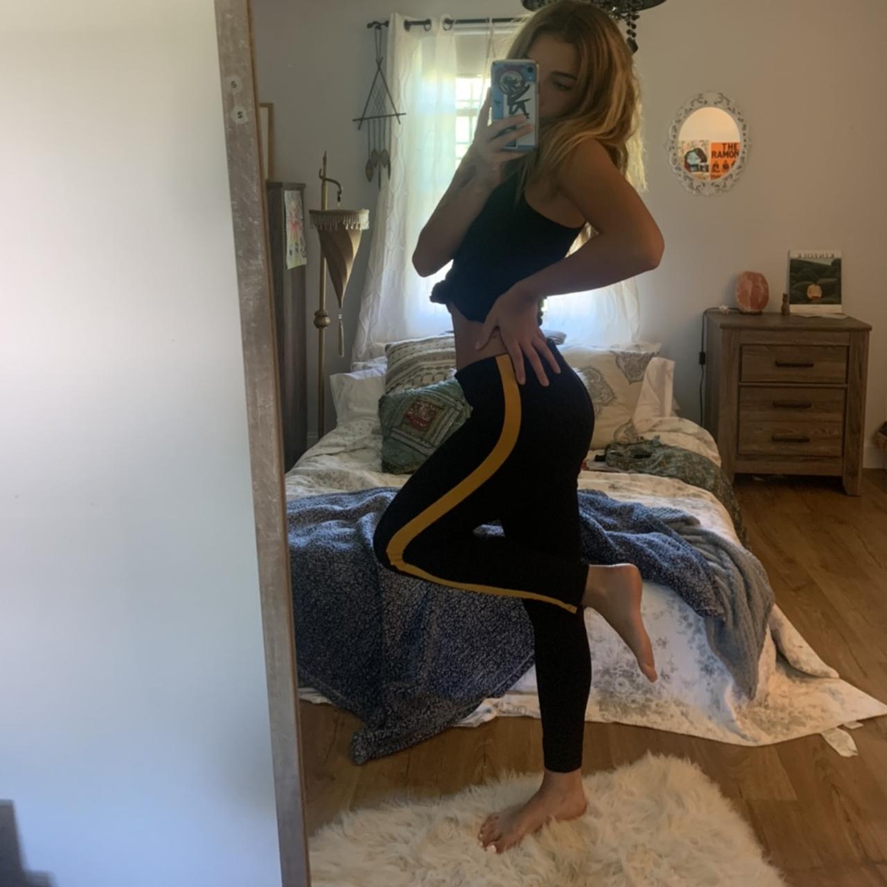 SMALL H&M LEGGINGS with yellow/gold stripe down - Depop