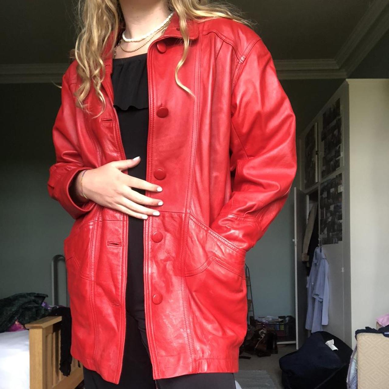 Insane oversized red button down 100% leather jacket... - Depop