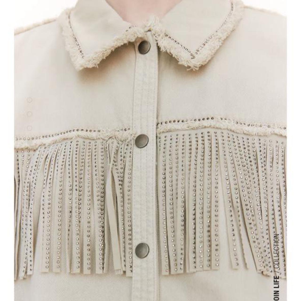 Zara cream/grey western denim fringe jacket Depop