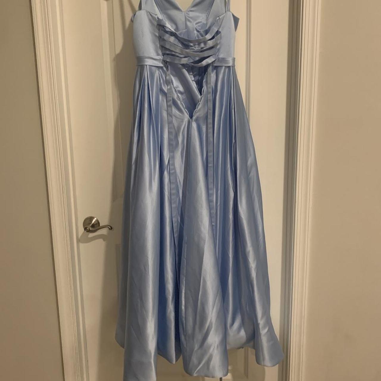 light blue satin ball gown with leg slit and lace up... - Depop