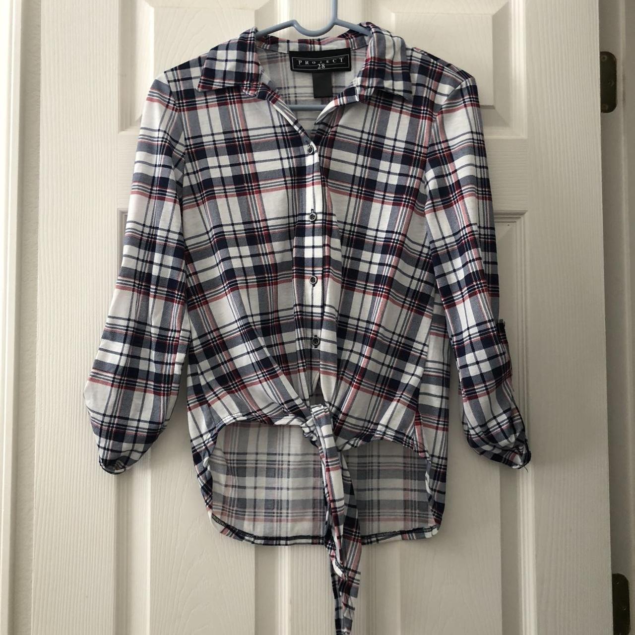 Red white and blue flannel with tie in the front.... - Depop
