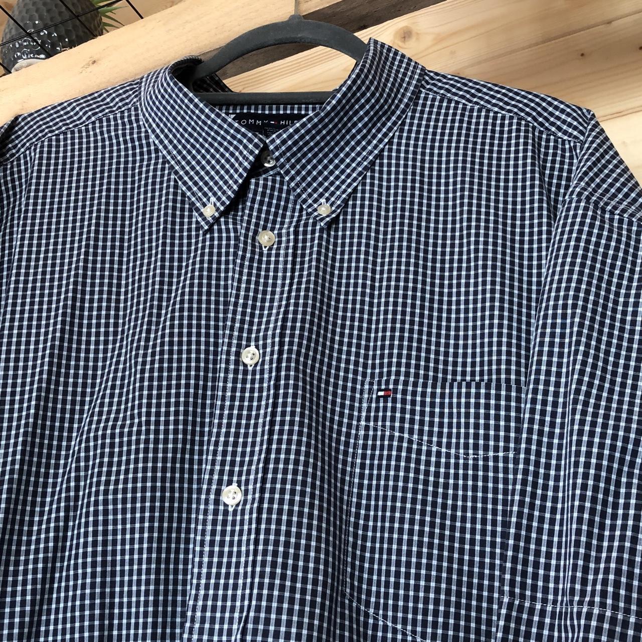 Tommy Hilfiger Navy Checkered Short-Sleeve... - Depop