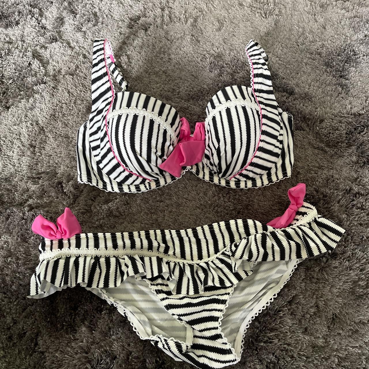 Black and white striped Floozie bikini with pink... - Depop
