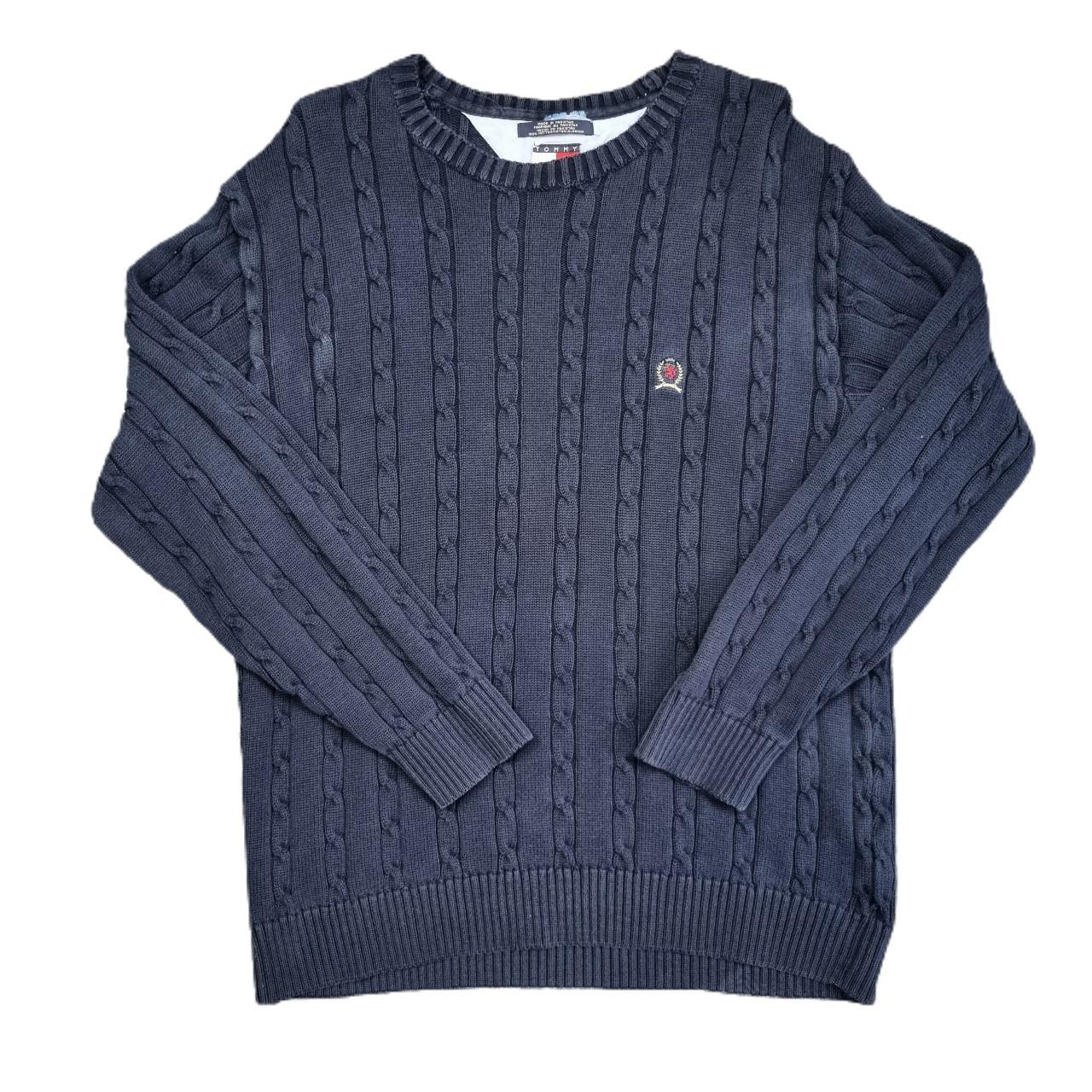 Vintage Tommy Hilfiger mens navy blue cable knit... - Depop