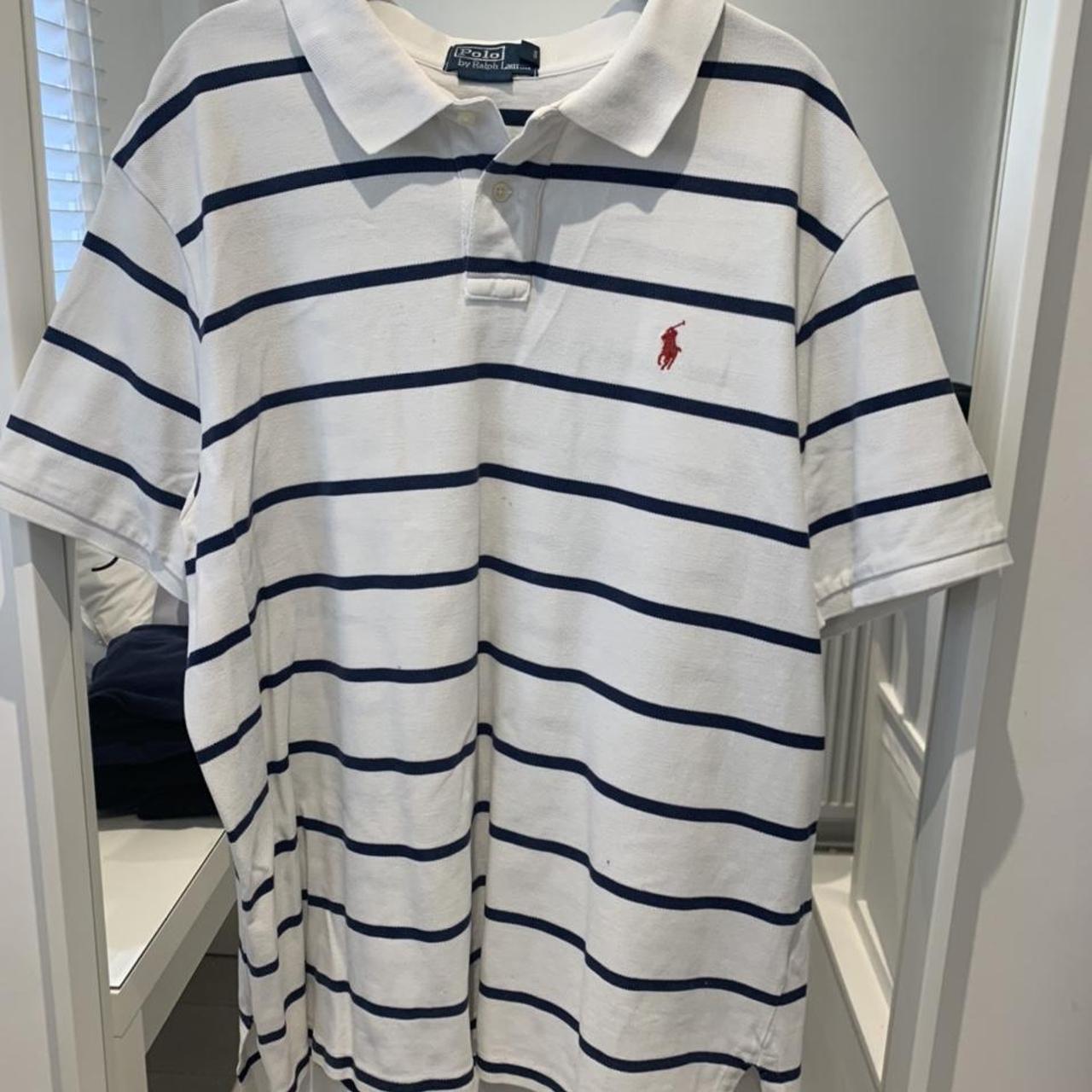 XXL Ralph Lauren white and navy stripe polo shirt -... - Depop