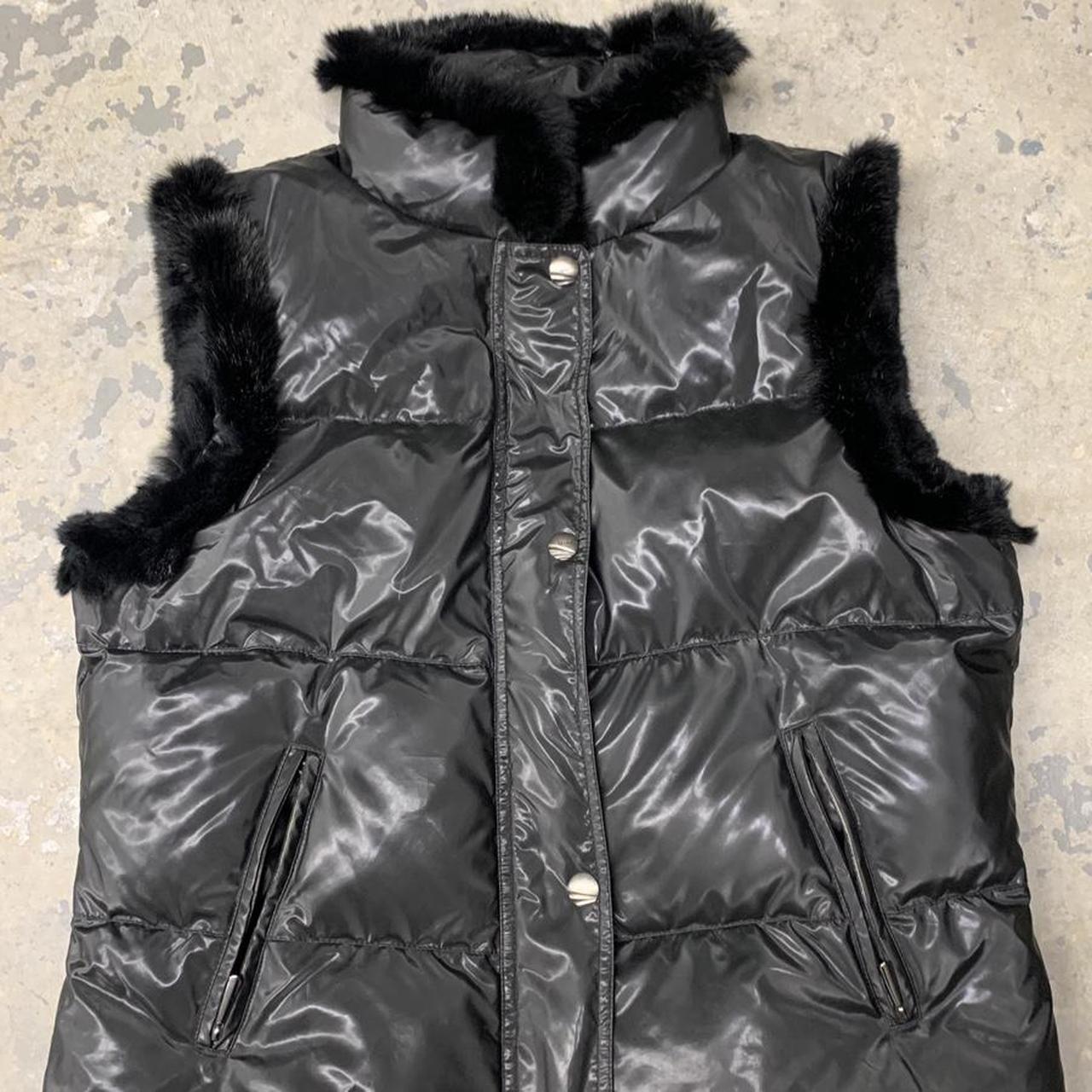 Shiny black down feather vest with rabbit fur... Depop