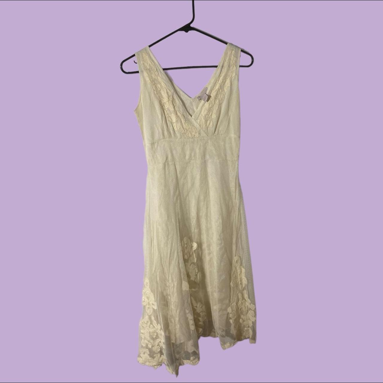 cottagecore cream floral embroidered dress v neck... - Depop