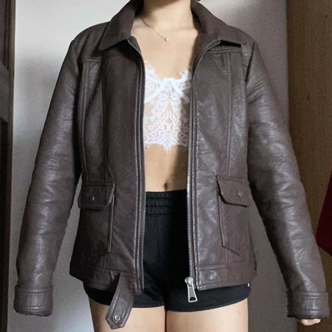 Brown Leather jacket Biker Jacket Next Oversized... - Depop