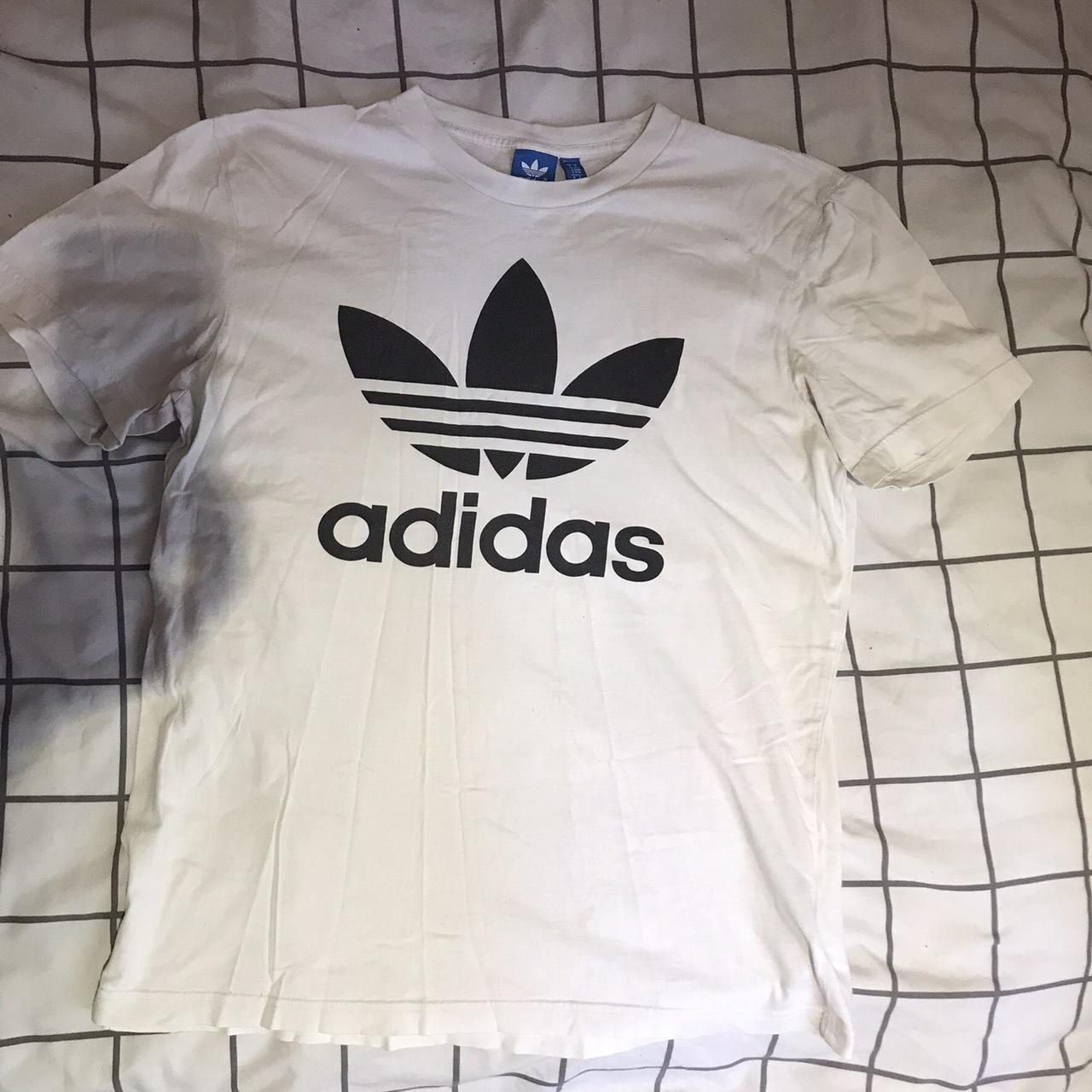 White Adidas t shirt. Size M fits 10-12. In great... - Depop