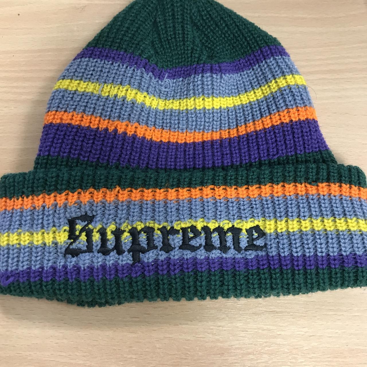 Supreme bright stripe beanie (green) Decent condition - Depop