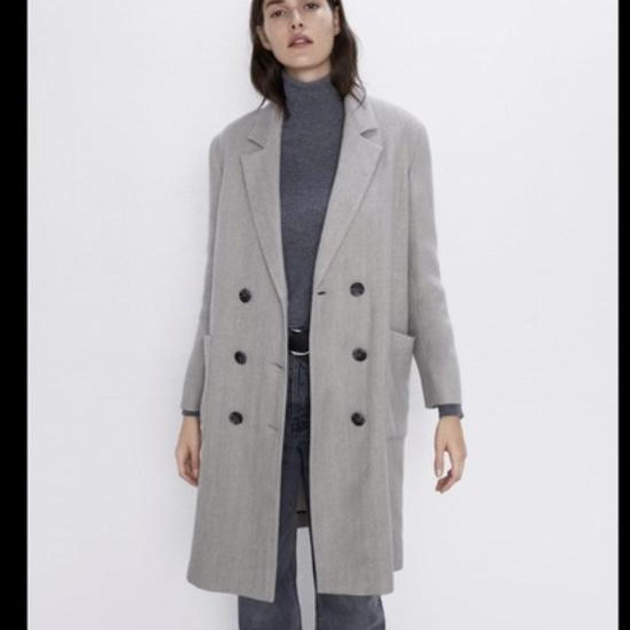 Zara grey herringbone double breasted coat... Depop