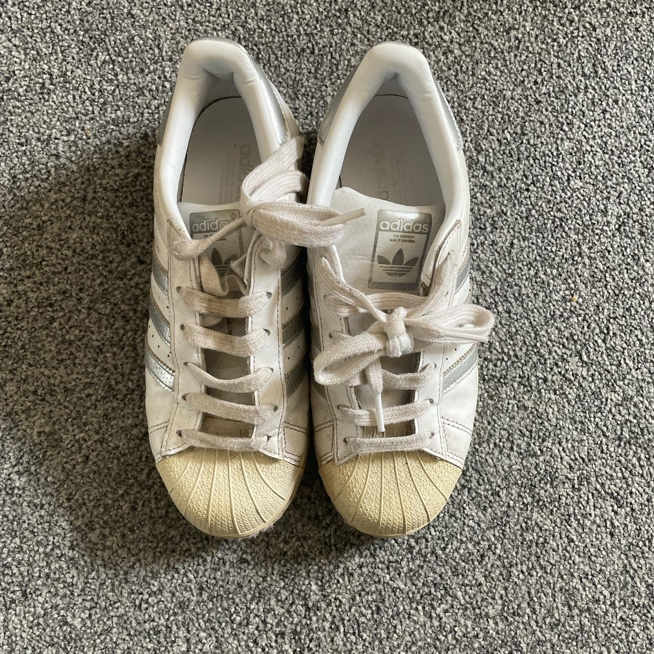 Adidas Women's White and Silver Trainers | Depop